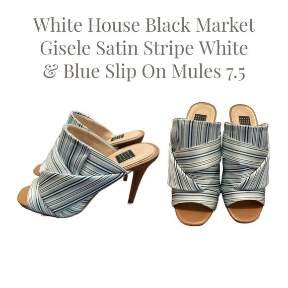 White House Black Market Gisele Satin Stripe White And Blue Slip On Mules 7.5 - Picture 1 of 5